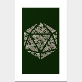 Sage Green and Red Gradient Rose Vintage Pattern Silhouette D20 - Subtle Dungeons and Dragons Design Posters and Art